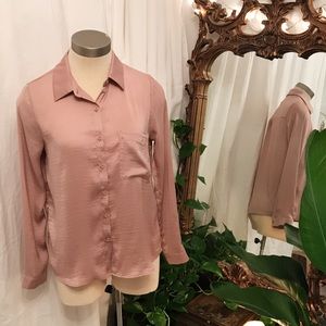 Blush pink silky button up long sleeve blouse